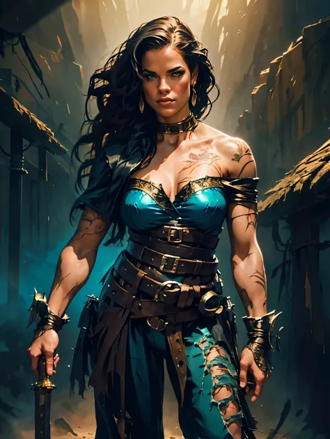 a young woman from the early 18th century based on Michelle Rodriguez, dungeons and Dragons 5th edition fantasy illustration, hi...