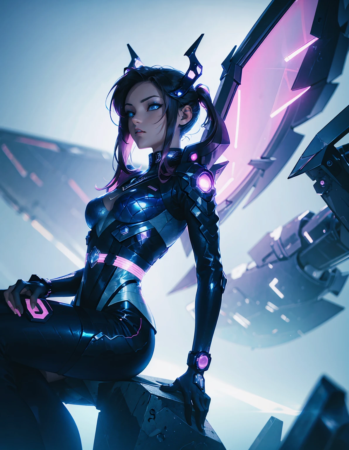 A cyberpunk girl with a futuristic look, featuring mechanical wings and horns, sitting in a dynamic pose. She has dark hair with neon highlights and is wearing a black outfit with a blue jacket. The background is a simple vibrant, neon-lit cityscape with blue and pink hues, emphasizing the high-tech, sci-fi atmosphere. --ar 3:4 --stylize 1000 --niji 6