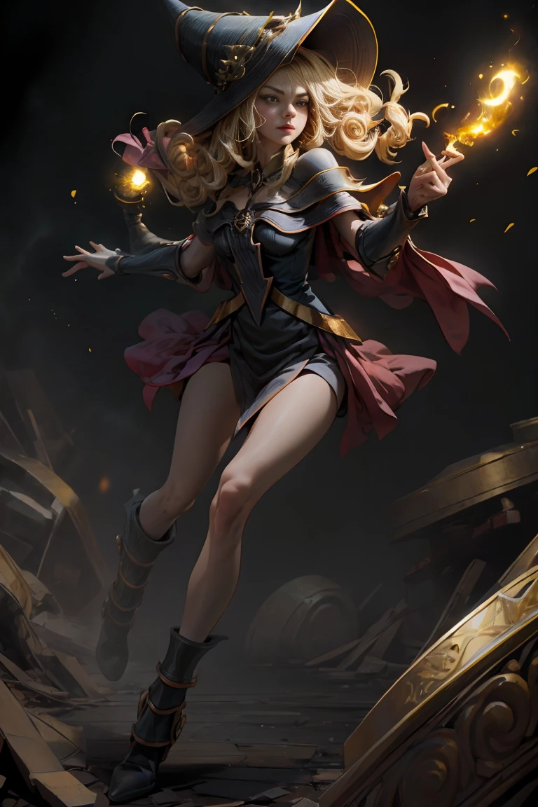 (8K,photorealistic　raw photography　the highest quality;1.4) 　(1girl in)　super beauty　(realistic face)　femenine body 　(Blonde with long curls)　Hold a black and red magic wand.　combat scene　Magic hat with black and gold exterior.　Beautiful expression　Glare　(Real looking skin)　(Giles dark wizards)　Tempting　super high resolution　a hyperrealist　high detail　Full body photo　remains