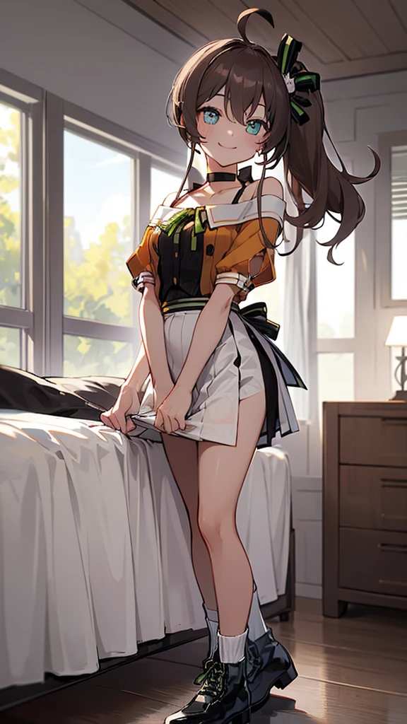  ((((Open your mouth))))、masterpiece,highest quality,High resolution,Ultra-detailed,bb Festival,meだium hair,skinny,Ahoge,Brown Hair,(((((  seductive smile ))))),skinny,(((Her Room))),Hair between the eyes,bangs,Hair Ribbon,Black Choker,Earrings,Black Ribbon,plaiだ shirt,Grey Shirt,shoulだer cutout,Short sleeve,See-through sleeves,Black Skirt,High Waist Skirt,race,perfect finger  ,  shoes下,(black shoes下:1.4),race trim,shoes,Black footwear,Indoors,,(((heavy breathing ))),standing