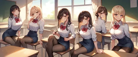 Realistic  Miru Tights  Anime, playing in the  classroom,  seductive look,  sexy poses,  sun light 