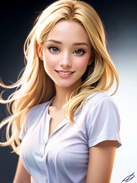 Realistic photo of a beautiful kr1st3nb woman,1girl,solo,long hair,breasts,looking at viewer,smile,blonde hair,simple background...