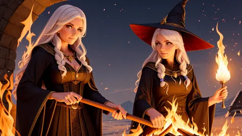 make a beautiful fire magic sorceress, wearing a nice big witch&#39;s hat, with short stylish flaming red hair, posing cinematic...