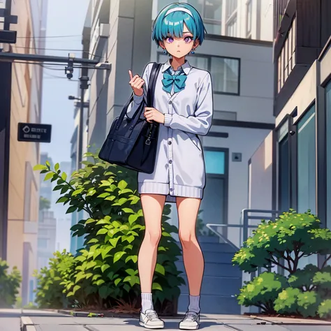 full body, standing up, holding school bag, woman, baby blue hair, short straight hair, fringe falling on face, half lided eyes,...