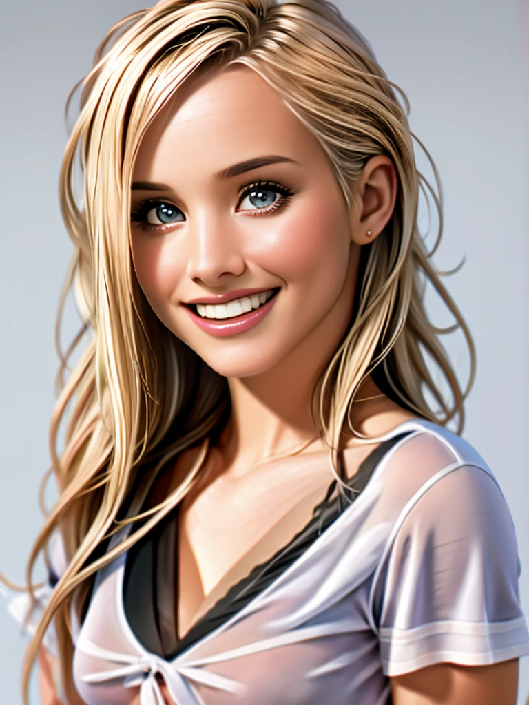 Realistic photo of a beautiful kr1st3nb woman,1girl,solo,long hair,breasts,looking at viewer,smile,blonde hair,simple background,shirt,white background,upper and mid body,artist name,signature,lips,black shirt,realistic, soft lighting, professional Photography, Photorealistic, detailed, RAW, analog, sharp focus, 8k, HD, high quality, masterpiece