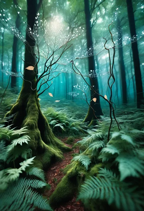 "Create an imaginative artwork of a  interacting with a forest, where the  is engaging with the environment in a creative and ar...