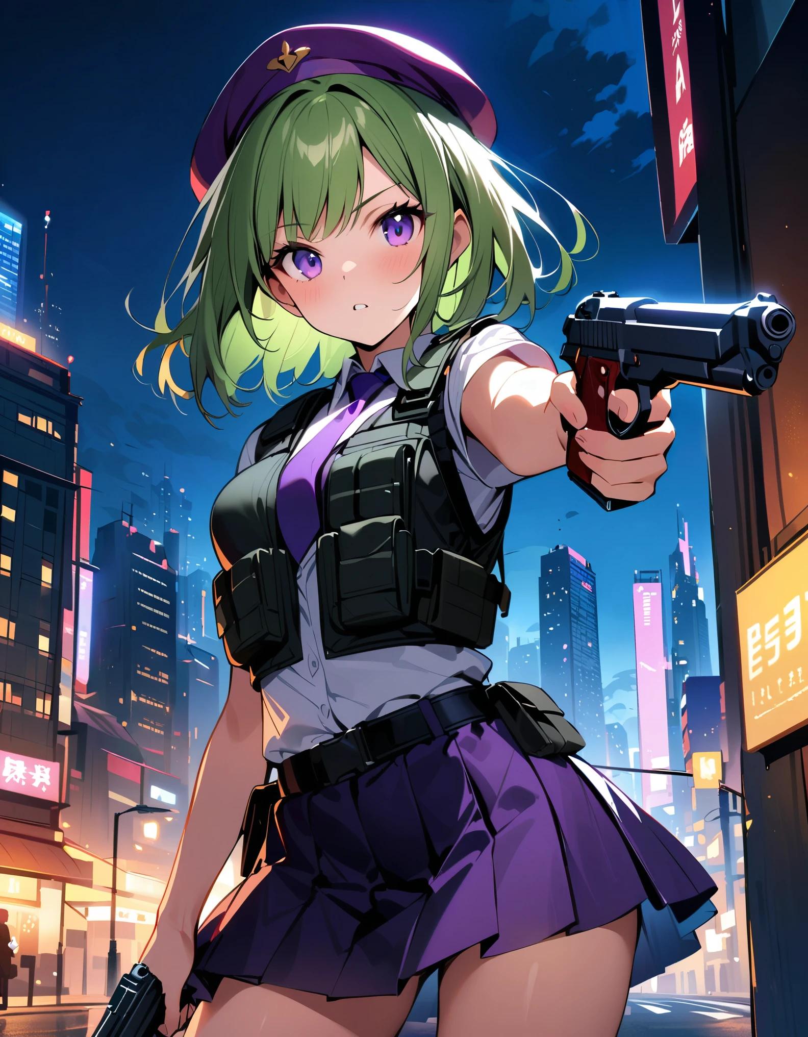 masterpiece, best quality, hires, top-quality、extremely delicate and beautiful、(a teenage girl)、purple eyes、green hair、short-haired、(purple pointy hat)、purple tie、solo、tactical vest、short sleeves. purple skirt, pleated skirt, miniskirt、(holding a pistol in her right hand, (beretta 92fs))、((pointing the gun to the front)). city backdrop, night, noir atmosphere. cowboy shot.