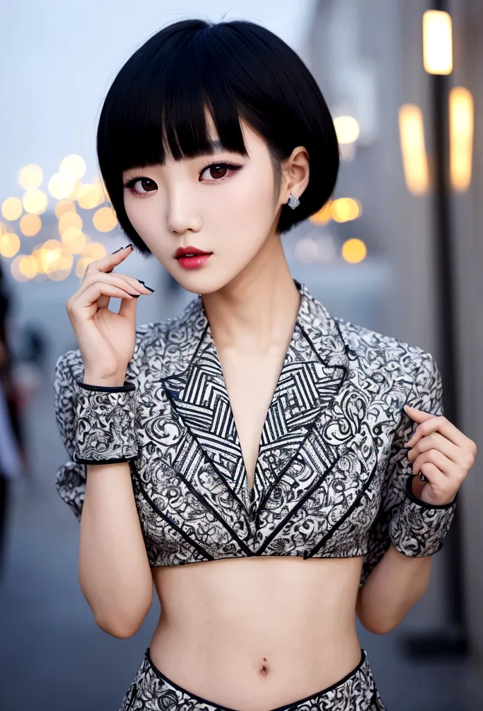 korean model sporting stylishly cropped haircut, decorated with graphical patterns illuminating her eyes, pose inspired by the h...