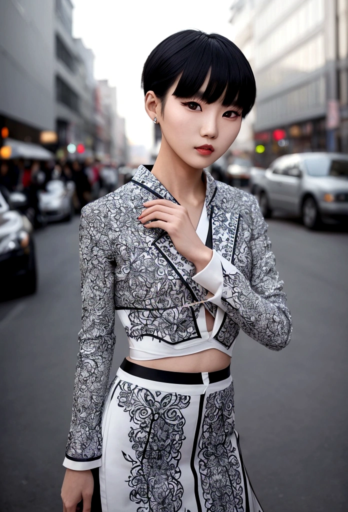 Korean model sporting stylishly cropped haircut, decorated with graphical patterns illuminating her eyes, pose inspired by the high-fashion editorial, flawless skin radiating under natural light, dressed in avant-garde couture, surrounded by the subtly twinkling city street lights, irony runway, high-res photo, urban nightlife, chic echos, aperture F 2.5,