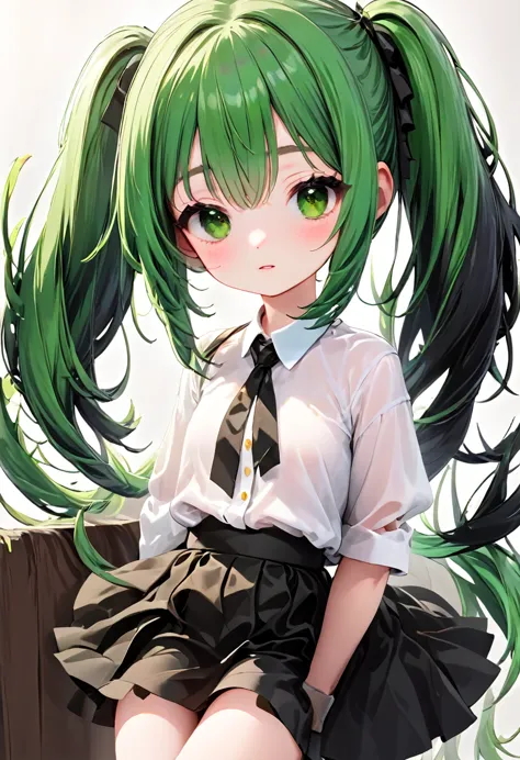 Girl with black and green hair, Brown eyes, White shirt, black skirt 