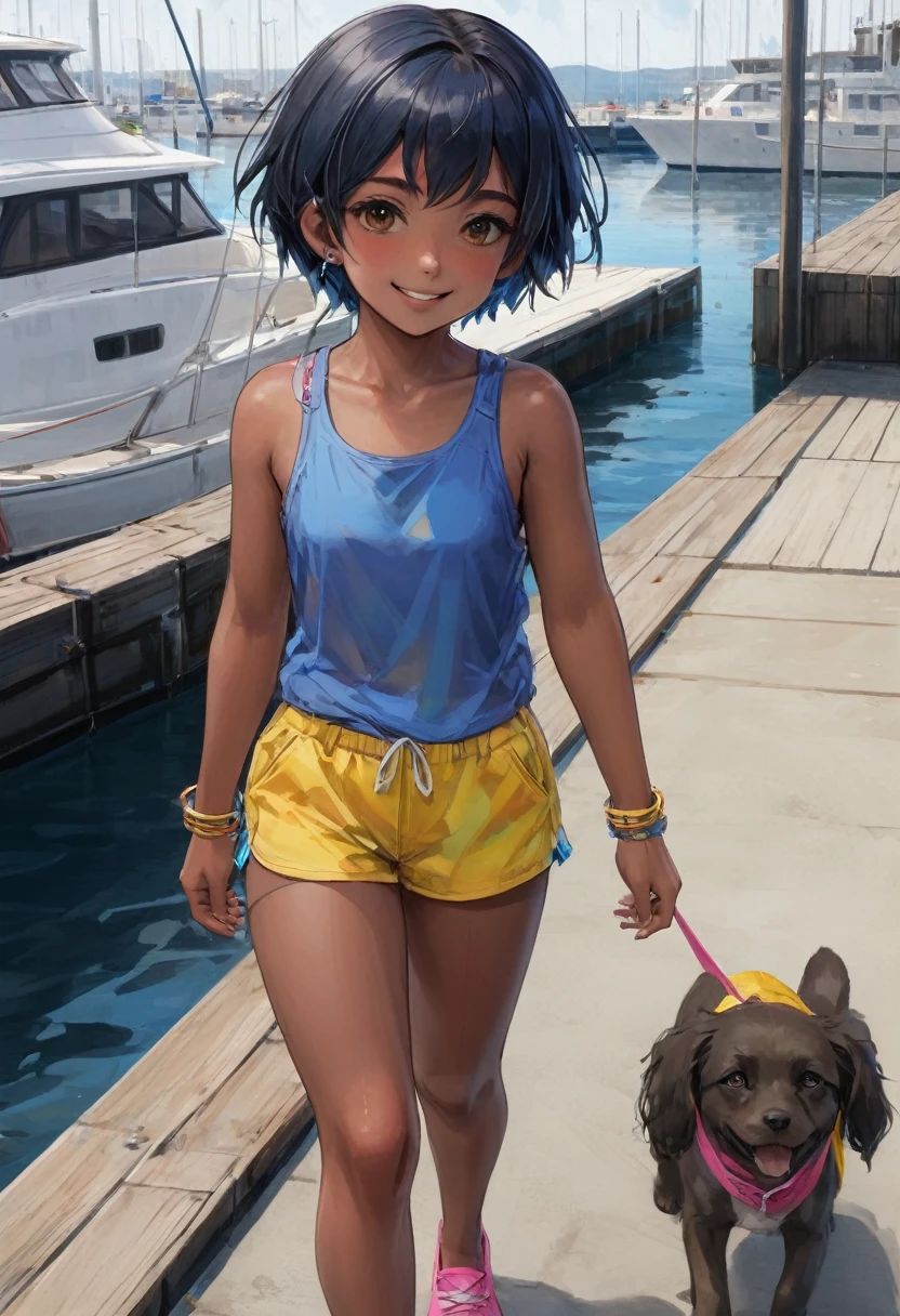 tomboy, rustic, 5-years-old, very dark skin, short blue hair, thick eyebrows, brown eyes, very flat, small ass, earrings, bracelet, short pink tank top, yellow dolphin shorts, blue slippers, smiling, walking at a marina, ecchi, Takase Yuu style, cinematic, dramatic, masterpiece, POV, dynamic back view, full body,