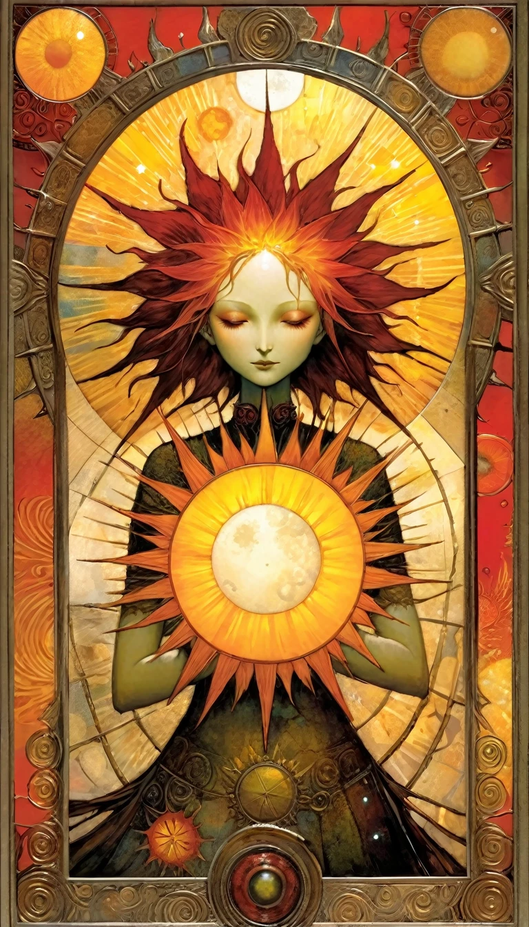 ((Tarotkarte)) Die Sonne ((Kartenrahmen)), Arbeit von Dave mcKean, lebendige Farben, komplizierte Details, Öl.
