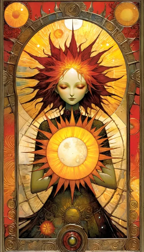 ((tarot card)) THE SUN ((card frame)), work by Dave mcKean, vivid colors, intricate details, oil.
