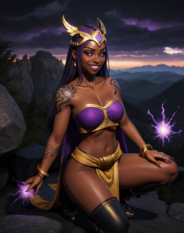 masterpiece, best quality,perfect 3D digital art,CG character, dramatic pose, dynamic action, glowing lights, neon colors, cinematic lighting, photorealistic, portrait of a 25 year old woman, She is a Sorceress, Fantasy, Fantasy environment, (Dark Skin:1.4), Purple eyes, Purple Hair, Pink Hair, Long Hair, (covered in tattoos:1.3), (Wearing: strapless top, loincloth, golden bracelets, golden head piece, golden knee high boots:1.2), looking at viewer with an amused smile, fierce and confident posture, both hands glowing bright purple, purple magic, bright purple sparks in both hands, expressive expression, dark and mysterious aura, complex eye makeup, mystical energy radiating from her hands, electric purple orbs swirling around her, (Night time, ethereal and magical atmosphere, outdoors, dark clouds in the sky, purple lighting, stone temple, mount top, stone structures, purple and magenta aroura's in the surroundings, gorgeous view of the mountains)PBR skin texture with bump details,Authentic,hyperrealistic,Rough skin exhibits a matte luster,cinemagraph,depth of field,dramatic render
