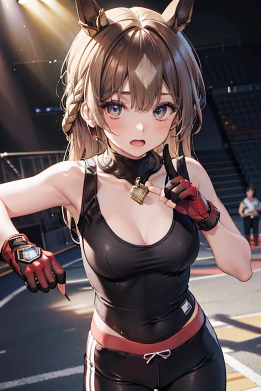 #Basic matterssatono diamond \(umamusume\), A girl is posing for a photo, アニメのかわいい女の子, (((One Girl, Baby Face, 16 years old))), 
BREAK 

#Clothing Accessories 
(((White on black)Tank top + (red on black)Sports pants + Red open finger gloves:1.5)),  
(Silver earrings), 
BREAK 

#Features 
(Droopy eyes), (Small breasts), 
BREAK 

#expression 
(Glaring, Screaming, Angry, Powerful expression), 
#background environment 
((grit + audience, The light of the light shines + Martial Arts Rings)), 
#composition 
(Throw a powerful punch at the camera, Motion blur, Cowboy Shot), 
BREAK 

#Body parts elements 
(Beautiful Hair,Shiny Hair), 
(double eyelid, Long eyelashes), 
(Expression of fine eyes, Beautiful and delicate eyes, Sparkling eyes, Eye Reflexes), 
(Human Ear), 
(Beautiful Nose, Thin Nose), 
(Glossy lips, Beautiful Lips, Thick lips), (Symmetrical facial features), 
(Detailed skin, Textured skin, Beautiful Skin), 
BREAK 

#Quality 
(((Highest quality)), ((masterpiece)), ((Very detailed))), ((High resolution), (16K,1080P)), 
(Realistic), (Anatomically correct), 
((comics, アニメ)), (3DCG), CG illustration,
