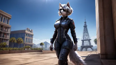 Loona from Helluva Boss, female white wolf, anthro, short white fluffy bob cut hair, sunglasses, she is blind, white combat suit...