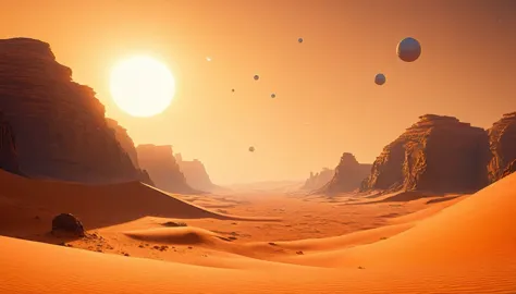 Three white balls flying in the sky above the desert, Sun setting on a desert planet, inspired Jessica Rossier, Tatooine, Jessic...