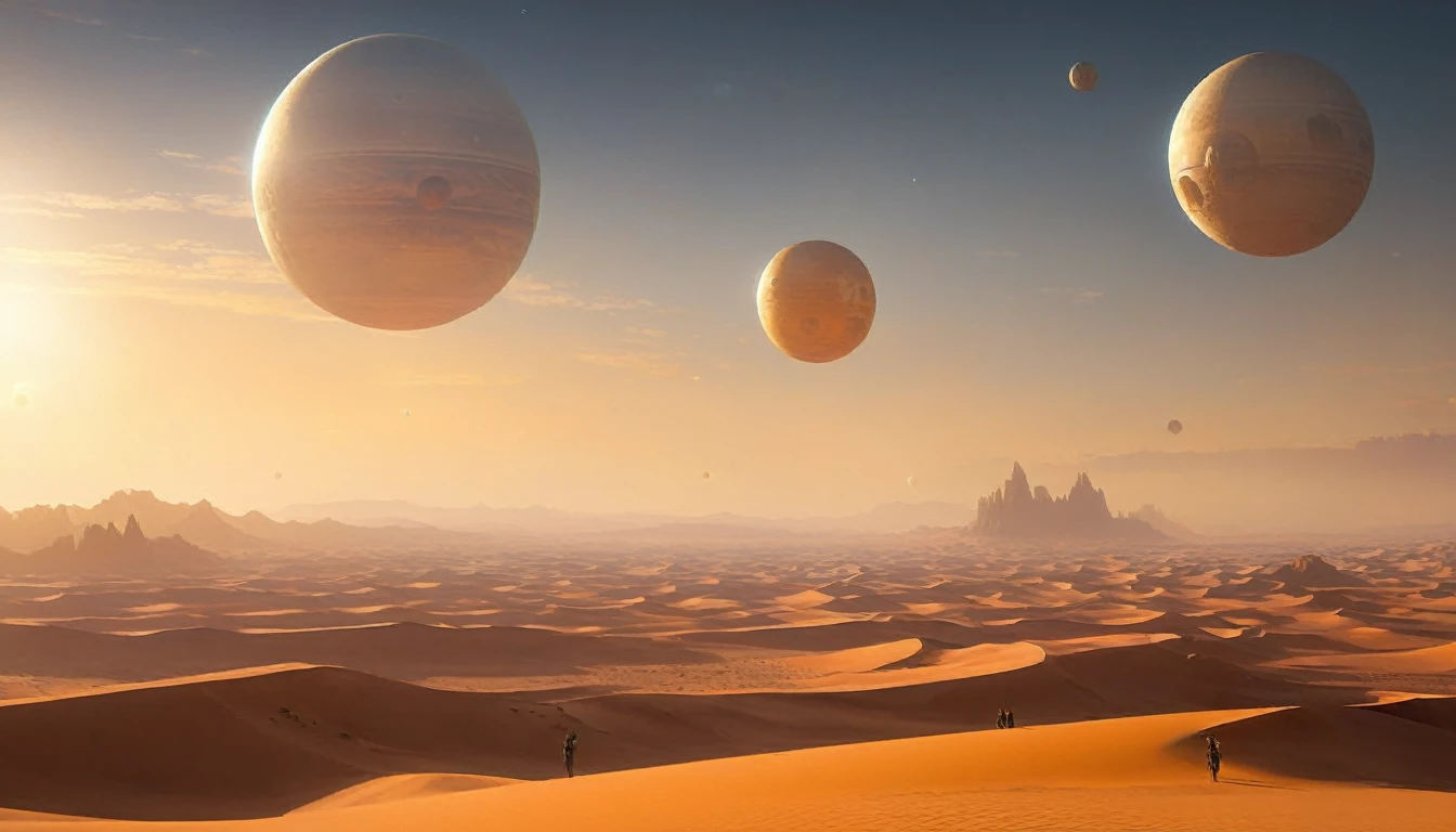 Three white balls flying in the sky above the desert, Desert Planet, inspired Jessica Rossier, Tatooine, Jessica Rossier, Floating Planet, film still from movie dune-2021, PS5 Cinematic Screen Capture, Planet in the sky, 遠く離れたDesert Planetで, Planet in the sky、I can see the rocks、You can see the coast too、