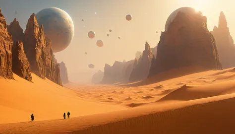 Three white balls flying in the sky above the desert, Desert Planet, inspired Jessica Rossier, Tatooine, Jessica Rossier, Floati...