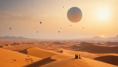 Three white balls flying in the sky above the desert, Desert Planet, inspired Jessica Rossier, Tatooine, Jessica Rossier, Floati...