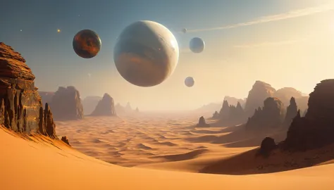 Three white balls flying in the sky above the desert, Desert Planet, inspired Jessica Rossier, Tatooine, Jessica Rossier, Floati...