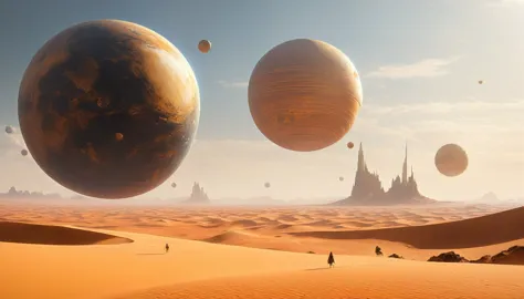 Three white balls flying in the sky above the desert, Desert Planet, inspired Jessica Rossier, Tatooine, Jessica Rossier, Floati...