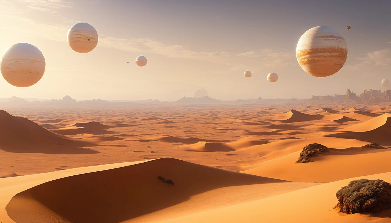 Three white balls flying in the sky above the desert, Desert Planet, inspired Jessica Rossier, Tatooine, Jessica Rossier, Floating Planet, film still from movie dune-2021, PS5 Cinematic Screen Capture, Planet in the sky, 遠く離れたDesert Planetで, Planet in the sky、I can see the rocks、coastline、I can see the waves、Girl sitting、A little dim、