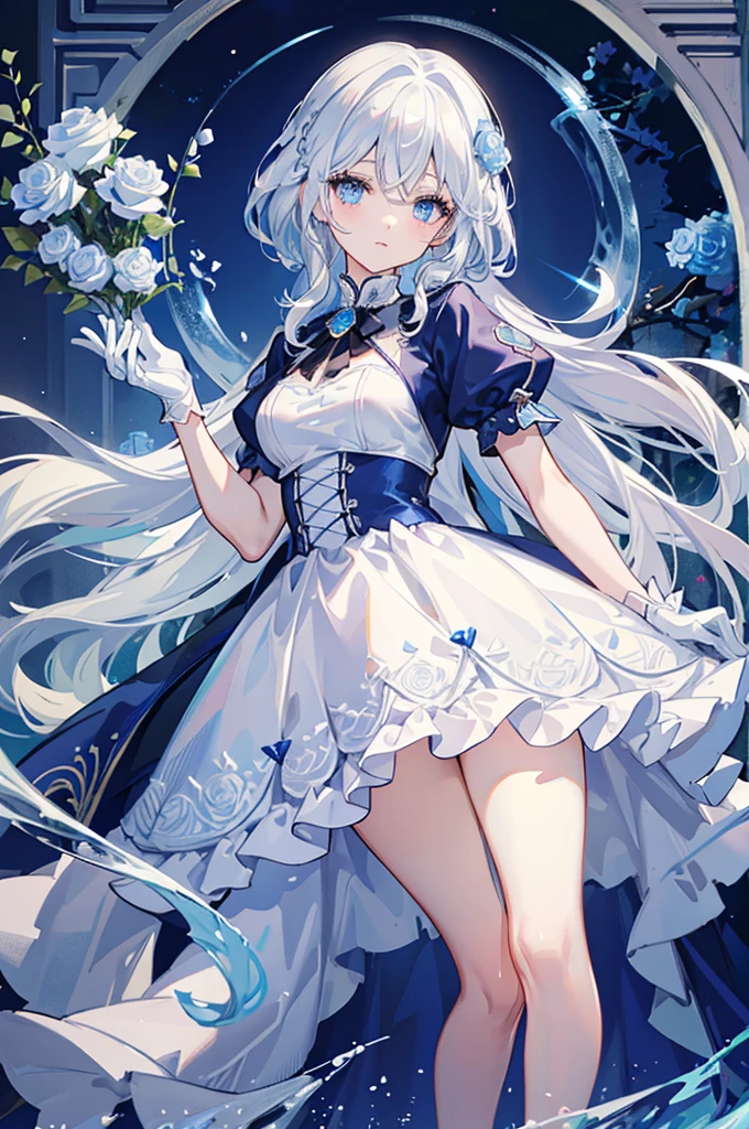 White hair and blue eyes、adult、Long, fluffy wavy hair、Braiding、Wearing hair ornaments、Princess、White gloves、Blue roses and white roses、Wearing a lace dress、Being in the water、Fantasy