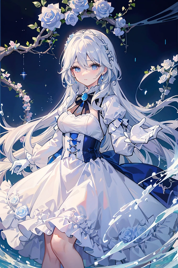 White hair and blue eyes、adult、Long, fluffy wavy hair、Braiding、Wearing hair ornaments、Princess、White gloves、Blue roses and white roses、Wearing a lace dress、Being in the water、Fantasy