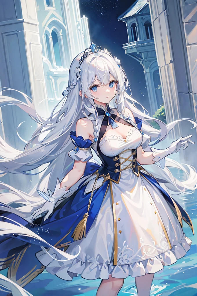 White hair and blue eyes、adult、Long, fluffy wavy hair、Braiding、Wearing hair ornaments、Princess、White gloves、Wearing a lace dress、Being in the water、Fantasy