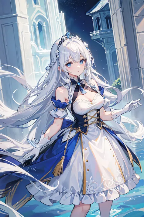 White hair and blue eyes、adult、Long, fluffy wavy hair、Braiding、Wearing hair ornaments、Princess、White gloves、Wearing a lace dress...