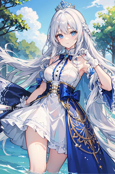 White hair and blue eyes、adult、Long, fluffy wavy hair、Braiding、Wearing hair ornaments、Princess、White gloves、Wearing a lace dress...