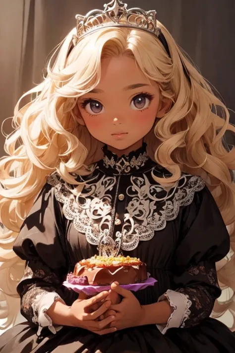 there is nothing, Highest quality, Girl, 10 years old，pretty girl , Blonde, Curly Hair, evil girl, Dark Skin，dress，tiara，