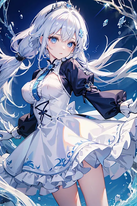 White hair and blue eyes、ponytail、Long, fluffy wavy hair、Braiding、Wearing hair ornaments、Princess、White gloves、Wearing a lace dr...