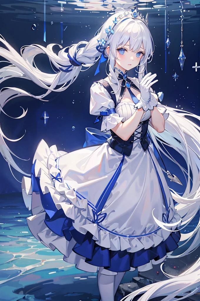 White hair and blue eyes、ponytail、Long, fluffy wavy hair、Braiding、Wearing hair ornaments、Princess、White gloves、Wearing a lace dress、Being in the water、Fantasy