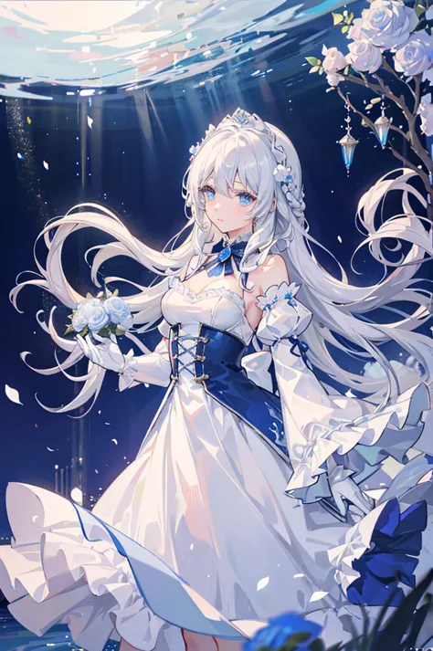 White hair and blue eyes、adult、Long, fluffy wavy hair、Braiding、Wearing hair ornaments、Princess、White gloves、Blue roses and white...