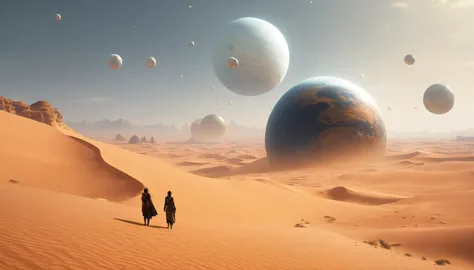 Three white balls flying in the sky above the desert, Desert Planet, inspired Jessica Rossier, Tatooine, Jessica Rossier, Floati...