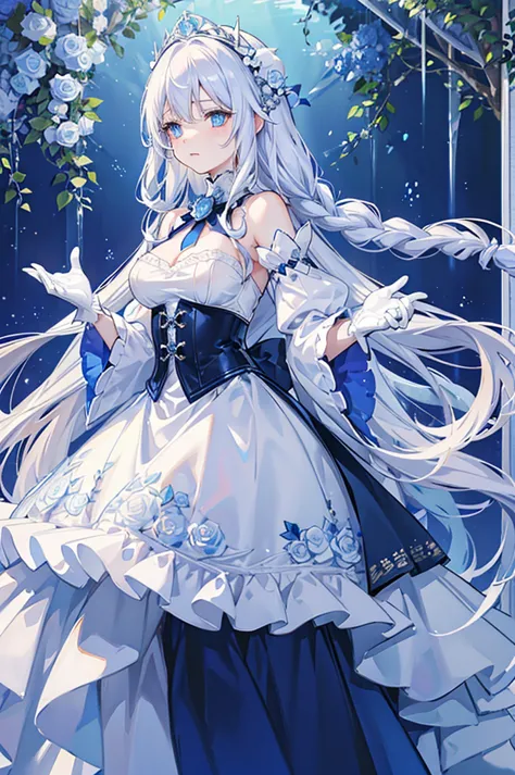 White hair and blue eyes、adult、Long, fluffy wavy hair、Braiding、Wearing hair ornaments、Princess、White gloves、Blue roses and white...