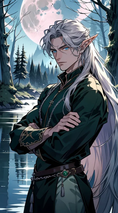 mature man, male age, ((male)), masterpiece, best quality, realism, 1 man, ((green long hair)), tousled hair, purple eyes, black...