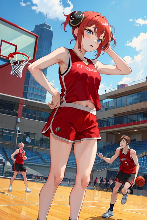 masterpiece, best quality, highres, kgr1, double bun, bun cover, small breasts, Basketball player, Sportswear, Red tank top, Red short, Sneakers, Basketball, Basketball hop,