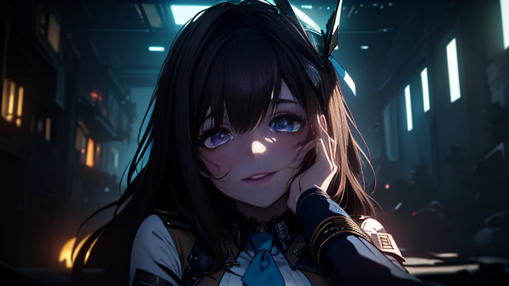 ((Best quality)), ((masterpiece)), (detailed:1.4), 3D, an image of a beautiful cyberpunk female, Yandere , Yandere Face , Trance , Trance Eyes , yameroyandere , constricted pupils , yandere , empty eyes . shaded face , crazy eyes , glowing brown eyes , crazy smile , Marian , tied hair, long brown hair , White Military Uniform , Brown Eyes, Blue Barret, Blue Necktie ,Blue Ribbon , White undercloth, large breasts, HDR (High Dynamic Range),Ray Tracing,NVIDIA RTX,Super-Resolution,Unreal 5,Subsurface scattering,PBR Texturing,Post-processing,Anisotropic Filtering,Depth-of-field,Maximum clarity and sharpness,Multi-layered textures,Albedo and Specular maps,Surface shading,Accurate simulation of light-material interaction,Perfect proportions,Octane Render,Two-tone lighting,Wide aperture,Low ISO,White balance,Rule of thirds,8K RAW,