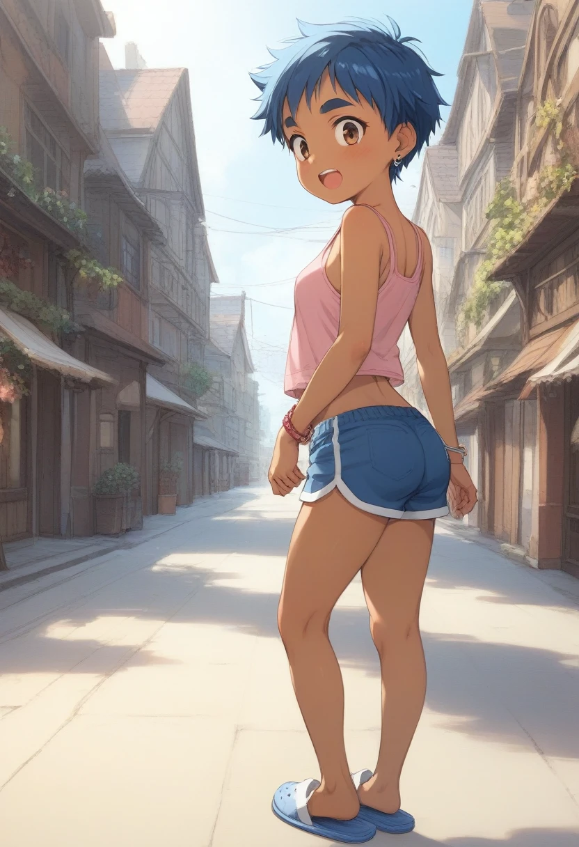 tomboy, rustic, 5-years-old, very dark skin, short blue hair, thick eyebrows, brown eyes, very flat, small ass, earrings, bracelet, pink tank top, blue dolphin shorts and slippers, surprised face, walking on a village street, ecchi CG manga, Takase Yuu style, cinematic, dramatic, masterpiece, dynamic view, full body,