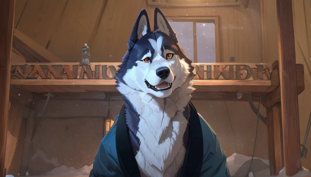 a heroic husky dog in a winter jacket, sled dog, smiling, athletic rescuer in the Arctic, detailed facial features, realistic, photorealistic, 8k, best quality, masterpiece, highly detailed, sharp focus, ultra-fine details, vivid colors, dynamic lighting, dramatic atmosphere, cinematic composition