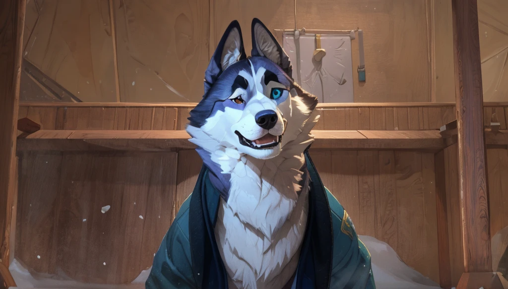 a heroic husky dog in a winter jacket, sled dog, smiling, athletic rescuer in the Arctic, detailed facial features, realistic, photorealistic, 8k, best quality, masterpiece, highly detailed, sharp focus, ultra-fine details, vivid colors, dynamic lighting, dramatic atmosphere, cinematic composition