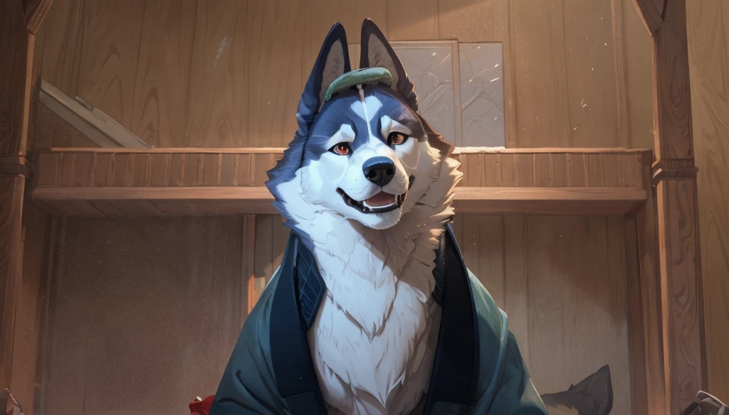 a heroic husky dog in a winter jacket, sled dog, smiling, athletic rescuer in the Arctic, detailed facial features, realistic, photorealistic, 8k, best quality, masterpiece, highly detailed, sharp focus, ultra-fine details, vivid colors, dynamic lighting, dramatic atmosphere, cinematic composition