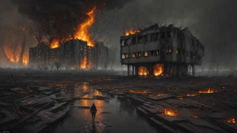 ultra-detailed, master piece, best quality, high resolution, burning cities, raining ashes, echoes of despair, scars of war, a w...