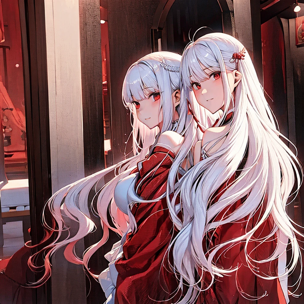  Women(alone), very long white hair,Red eyes,red and red kimono that reveals her shoulders, big breasts, tight