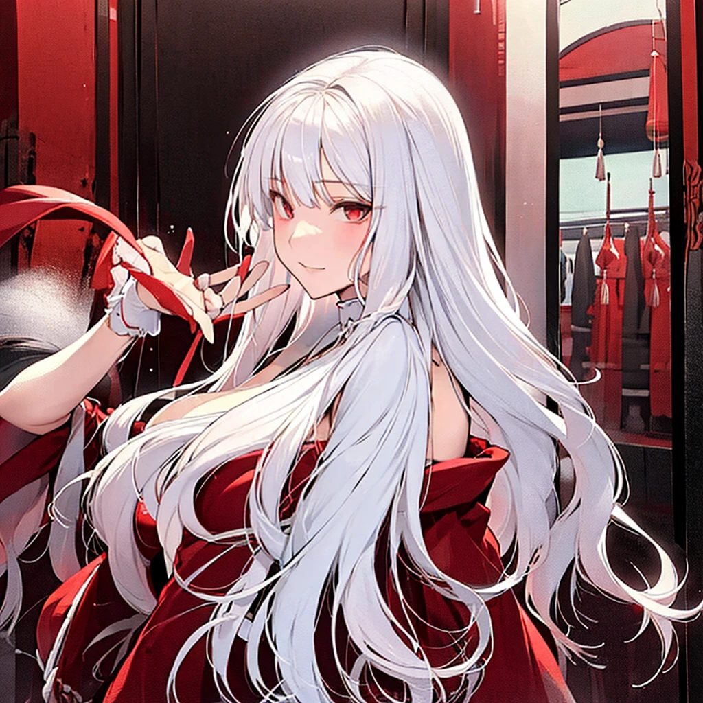  Women(alone), very long white hair,Red eyes,red and red kimono that reveals her shoulders, big breasts, tight