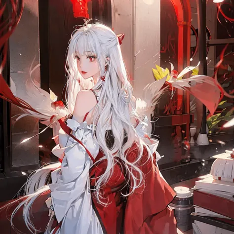 women(alone), very long white hair,red eyes,red and red kimono that reveals her shoulders, big breasts, tight