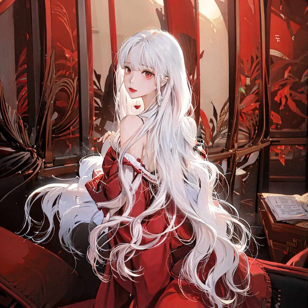  Women(alone), very long white hair,Red eyes,red and red kimono that reveals her shoulders, big breasts, tight